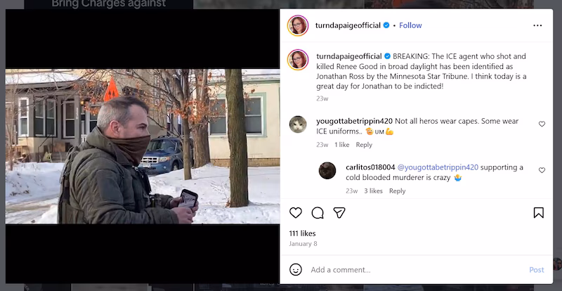 Paigelynne Gonyea posted the name of the ICE agent who fatally shot Renee Good in Minneapolis in January. She said this post triggered a visit and a warning from federal agents claiming she "doxxed" the agent. Instagram screenshot