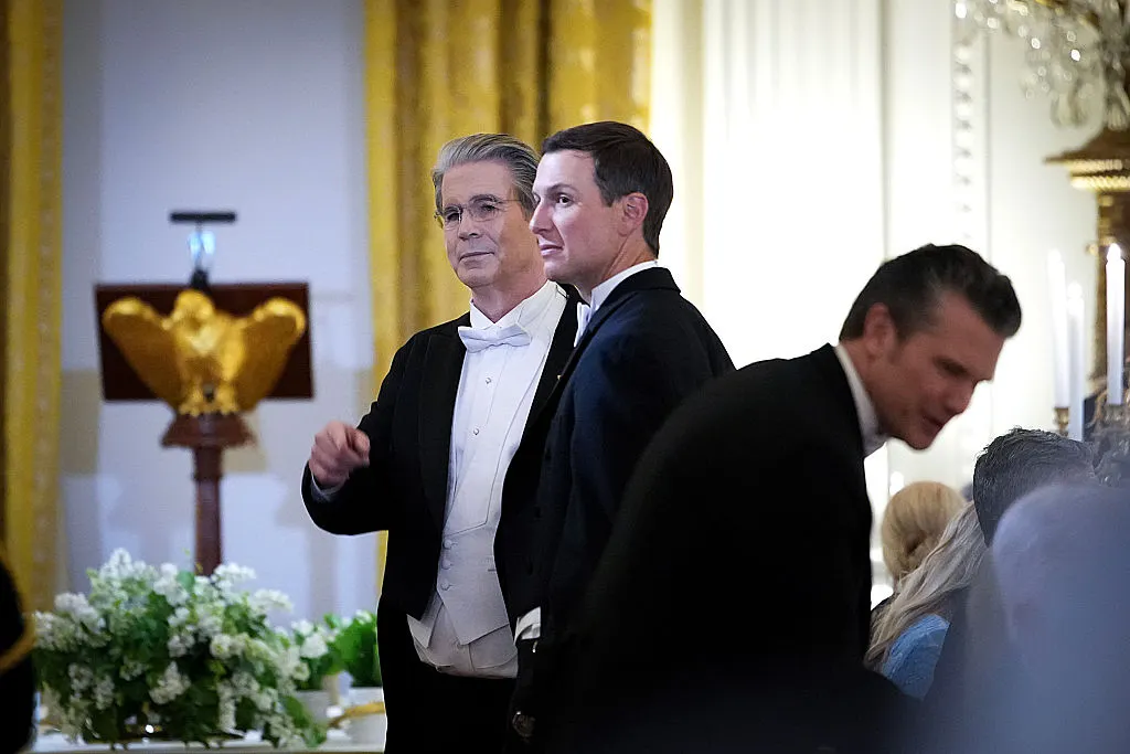 U.S. Treasury Secretary Scott Bessent speaks with Jared Kushner before a state dinner for King Charles III at the White House on April 28, 2026. (Andrew Harnik/Getty Images)