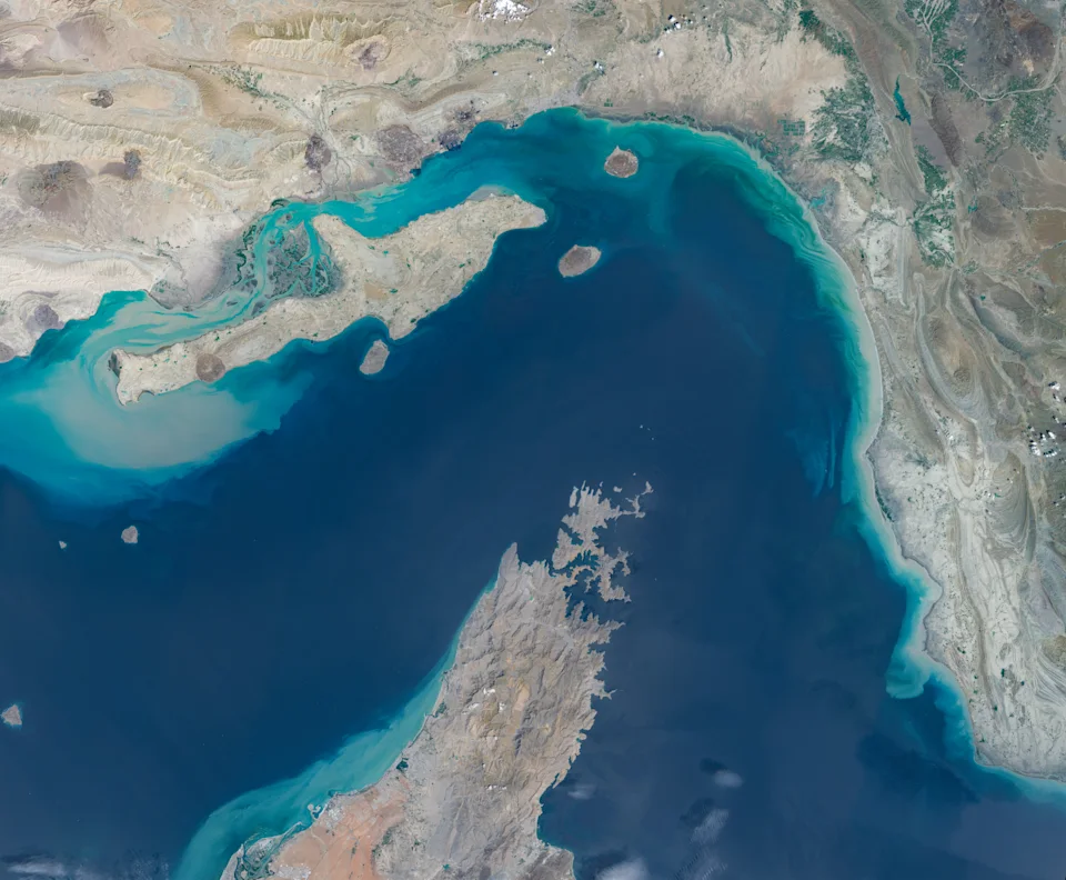 The Strait of Hormuz, between southern Iran and Oman's Musandam Peninsula, is seen in a satellite image from April. (Maps4media via Getty Images) · maps4media via Getty Images