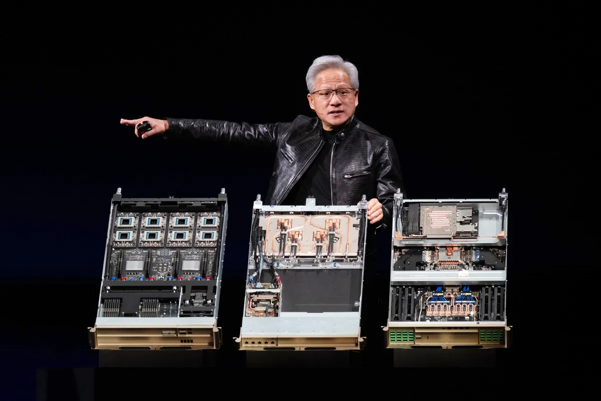 Jensen Huang, chief executive officer of Nvidia Corp., presents the Vera Rubin data center AI system at the Nvidia GTC conference on the sidelines of Computex 2026 in Taipei, Taiwan, on Monday, June 1, 2026.Photographer: Lam Yik Fei/Bloomberg