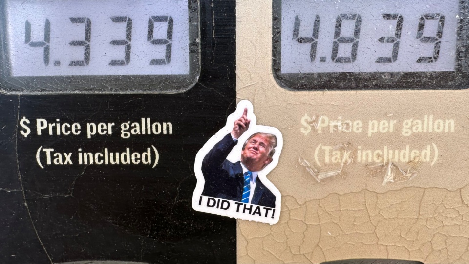 A sticker of President Donald J. Trump points to the posted prices for a gallon of regular or regular plus gasoline available at a Conoco station, May 30, 2026, in Denver. | David Zalubowski / AP A sticker of President Donald J. Trump points to the posted prices for a gallon of regular or regular plus gasoline available at a Conoco station, May 30, 2026, in Denver. | David Zalubowski / AP