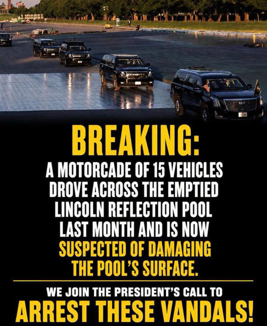 Trump's motorcade driving along the empty pool