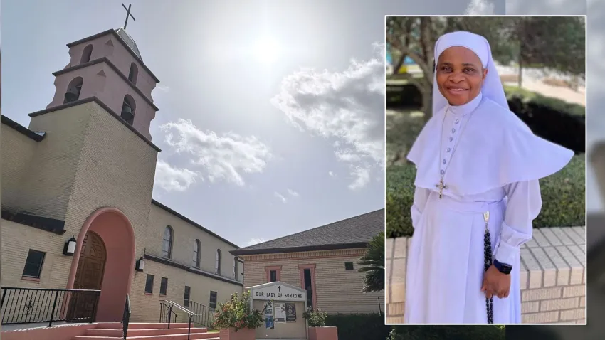 Sister Letty, inset, over a photo of Our Lady of Sorrows church in McAllen, Texas. Sister Letty, inset, over a photo of Our Lady of Sorrows church in McAllen, Texas.