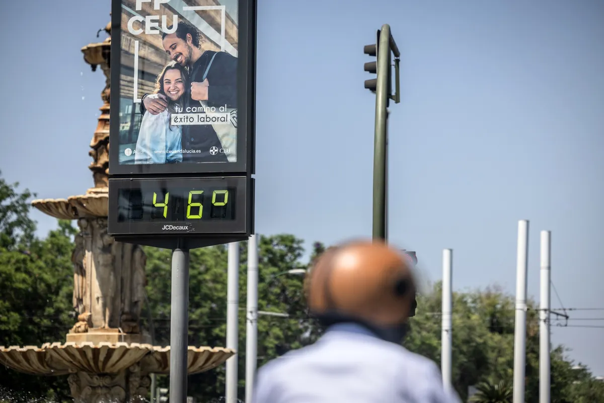 A digital display showing the temperature at 46C in Seville, Spain, on July 3, 2023.Photographer: Bloomberg/Bloomberg