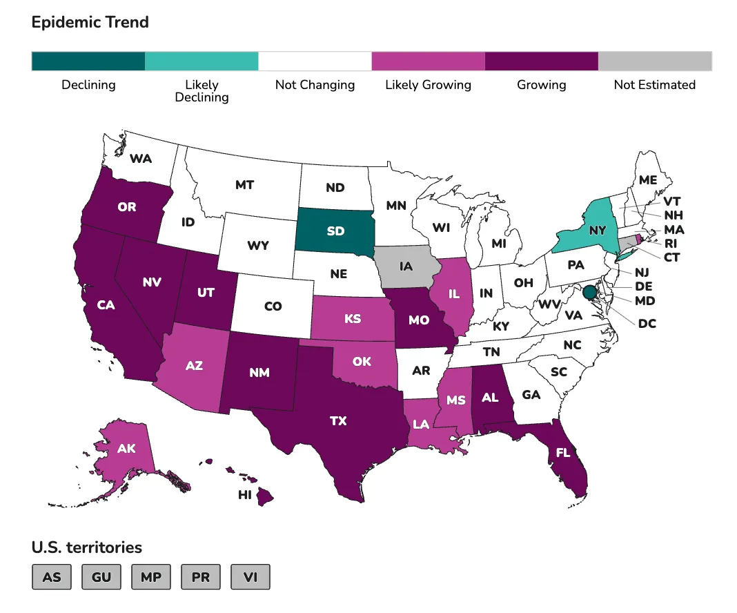 A map of where Covid-19 is growing. Source: CDC