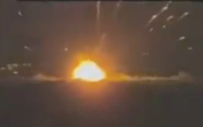 A screenshot from a video purporting to show a Ukrainian strike on an Iranian tanker