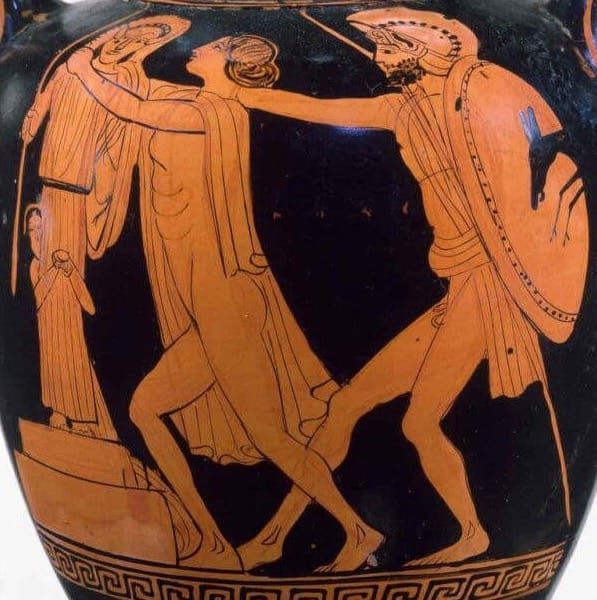 Greek vase with the rape of the priestess/prophet Cassandra by Ajax the Lesser at the end of the Trojan War. She is grasping a statue of the goddess Athena. 
