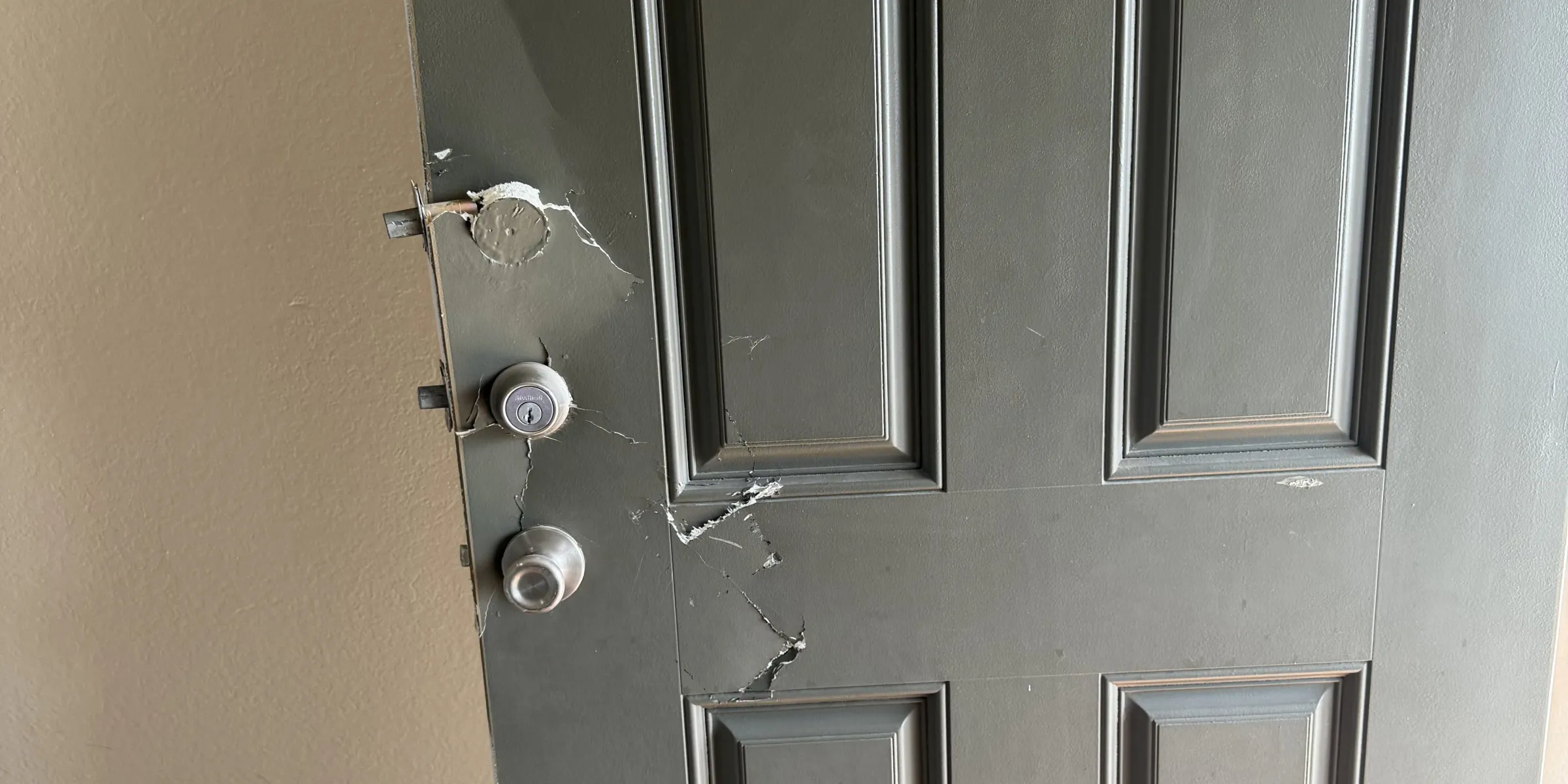 An image of a door that was kicked in by federal agents during a home raid in Midlothian, Texas, on June 29, 2026. Photo: Courtesy of Doberman