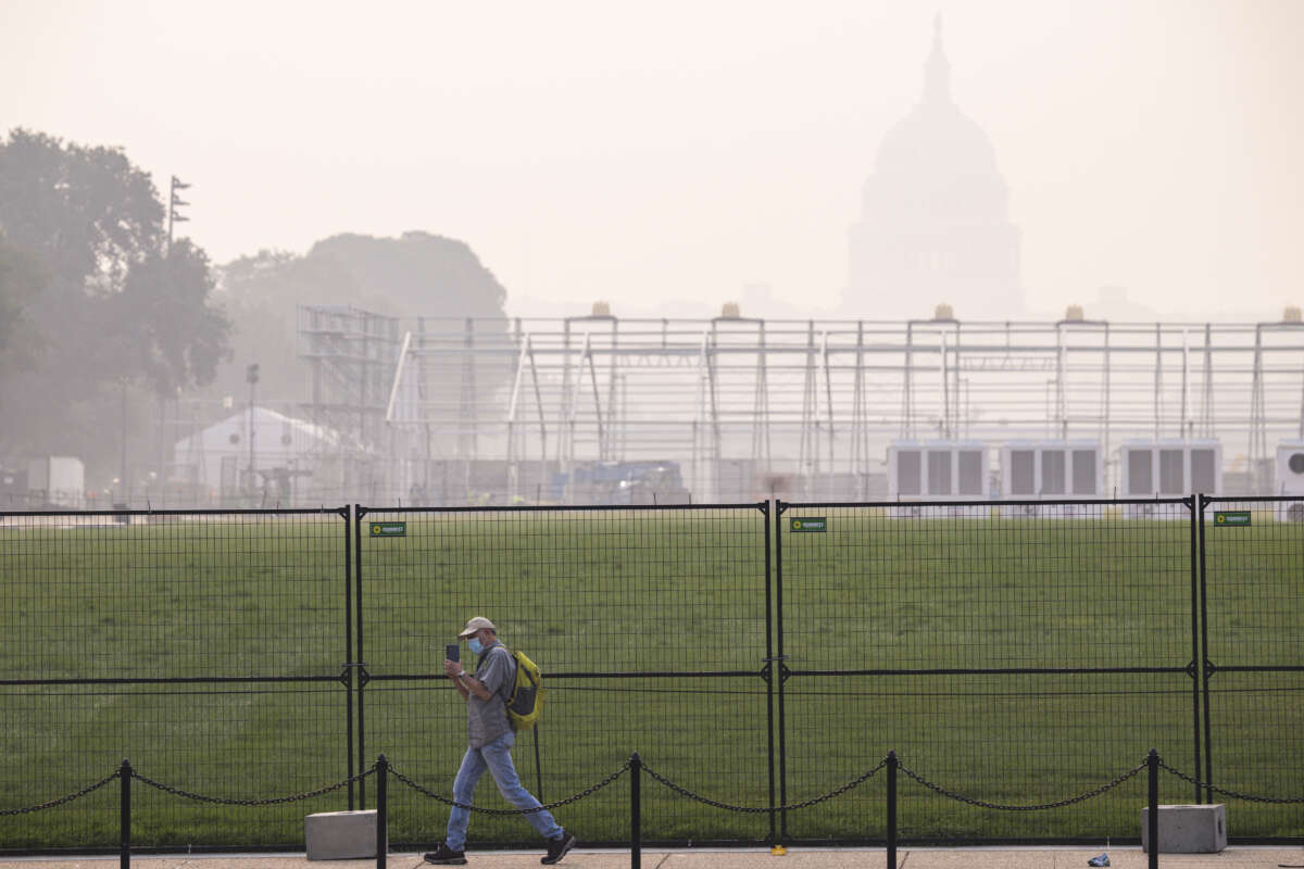 Smoke from massive wildfires in Canada and Minnesota engulfs the Washington, D.C. skyline, reducing visibility and casting a colored haze over the U.S. Capitol Building on July 17, 2026, in Washington, D.C.