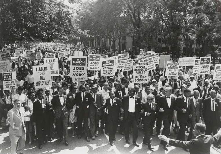 The Rev. Dr. Martin Luther King Jr. leads the 1963 March on Washington for Jobs and Freedom. (American Jewish Historical Society) The Rev. Dr. Martin Luther King Jr. leads the 1963 March on Washington for Jobs and Freedom. (American Jewish Historical Society)