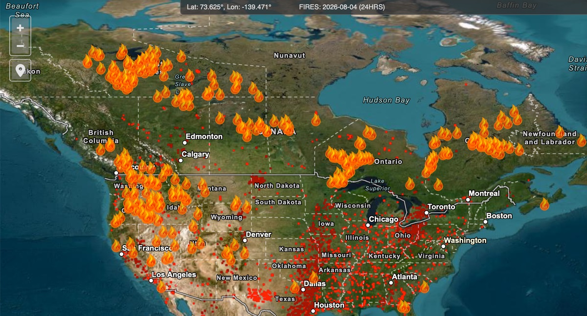 NASA Canada + U.S. fires map 2026-08-04