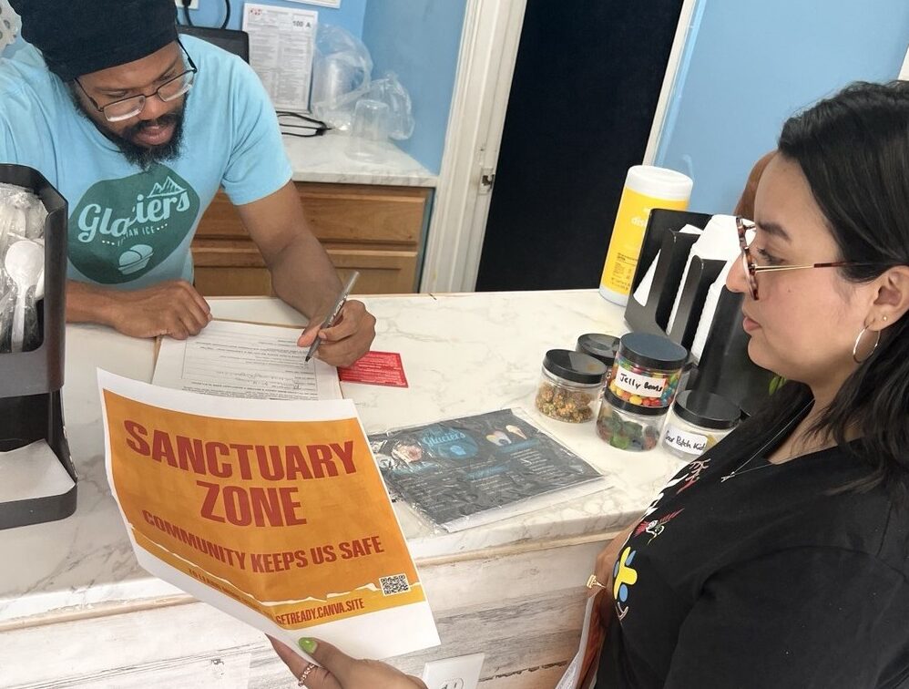 Canvassers talk to independent business owners in Atlanta to invite them to become Sanctuary Zones that prevent ICE and police from entering their establishments. (GLAHR)