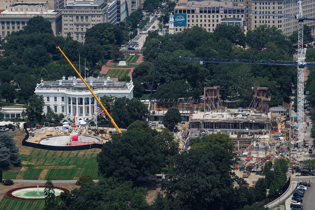 The White House and the ongoing Ballroom construction as seen from a window at the Washington Monument, in Washington, D.C., U.S., July 15, 2026. REUTERS/Al Drago