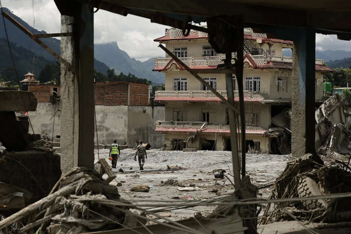 Photo taken on Sept. 3, 2026, shows an area hit by flash floods and mudslide in Devighat, Nepal, about a week after the disaster in the Nepal-China border region. (Photo by Kyodo News via Getty Images)