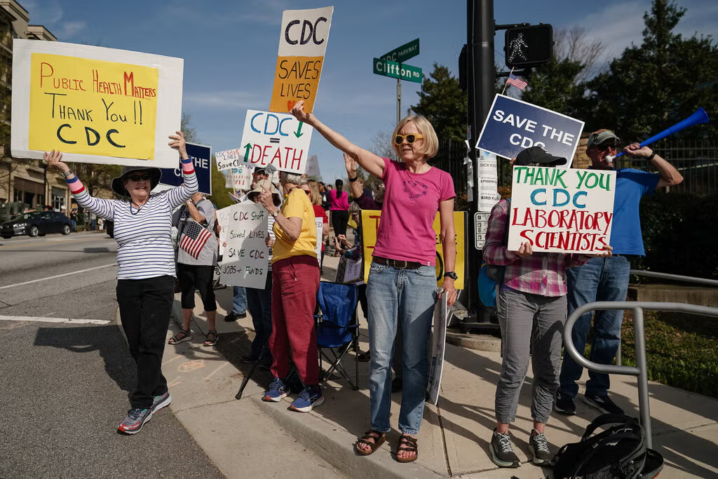 A protest outside the Centers for Disease Control and Prevention last year after employees were laid off. Beyond staff reductions, the agency also faces a leadership vacuum.Credit...Elijah Nouvelage/Getty Images