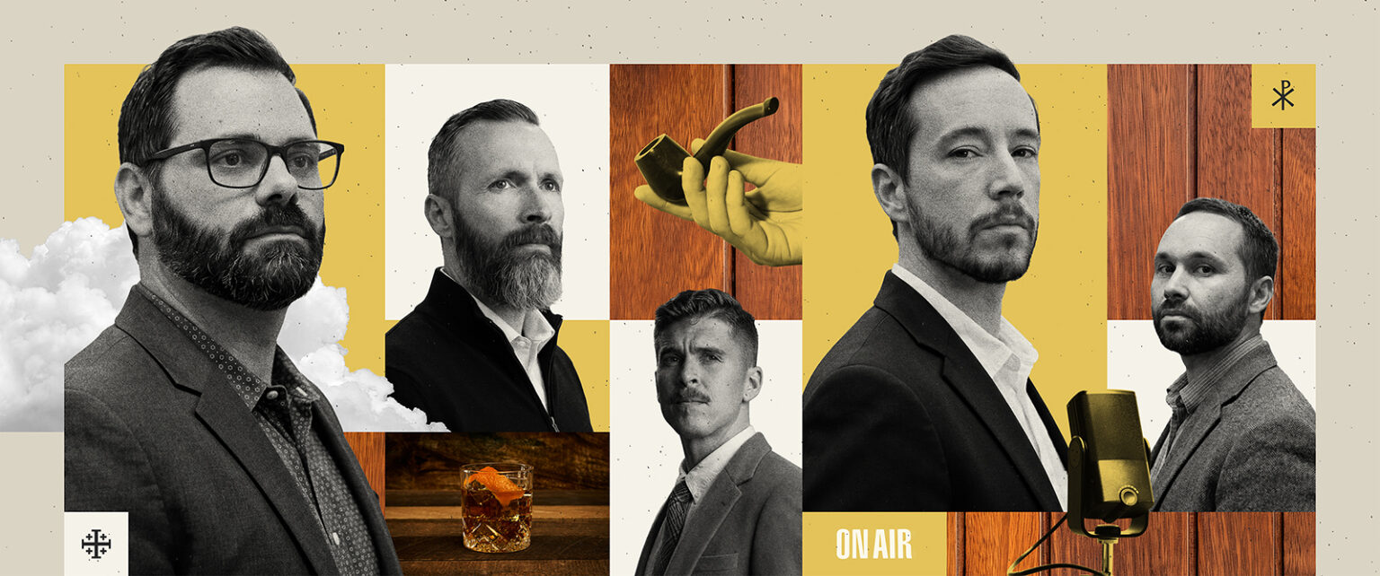 Joel Webbon, from left, Dale Partridge, Joshua Haymes, Michael Spangler and C. Jay Engel. (RNS illustration/Chaz Russo/AI used)