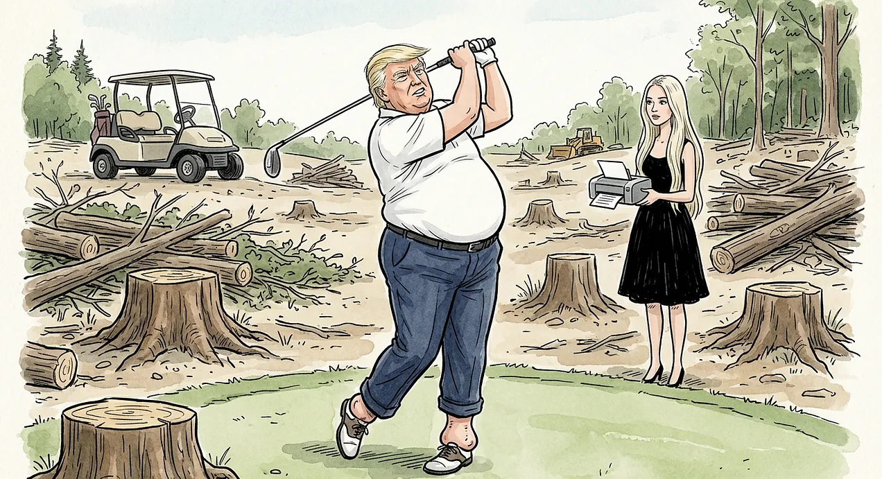 Trump & printer golfing amidst fallen trees Trump & printer golfing amidst fallen trees
